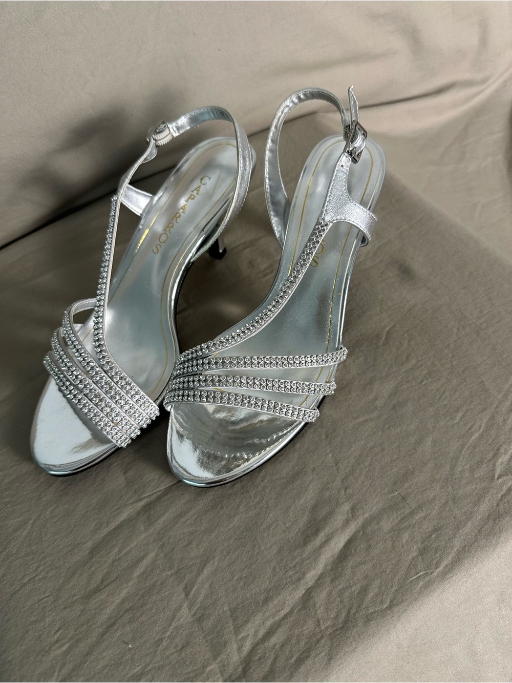 Caparros Silver Rhinestone Evening Sandals 8.5B NWOB Leather Sole